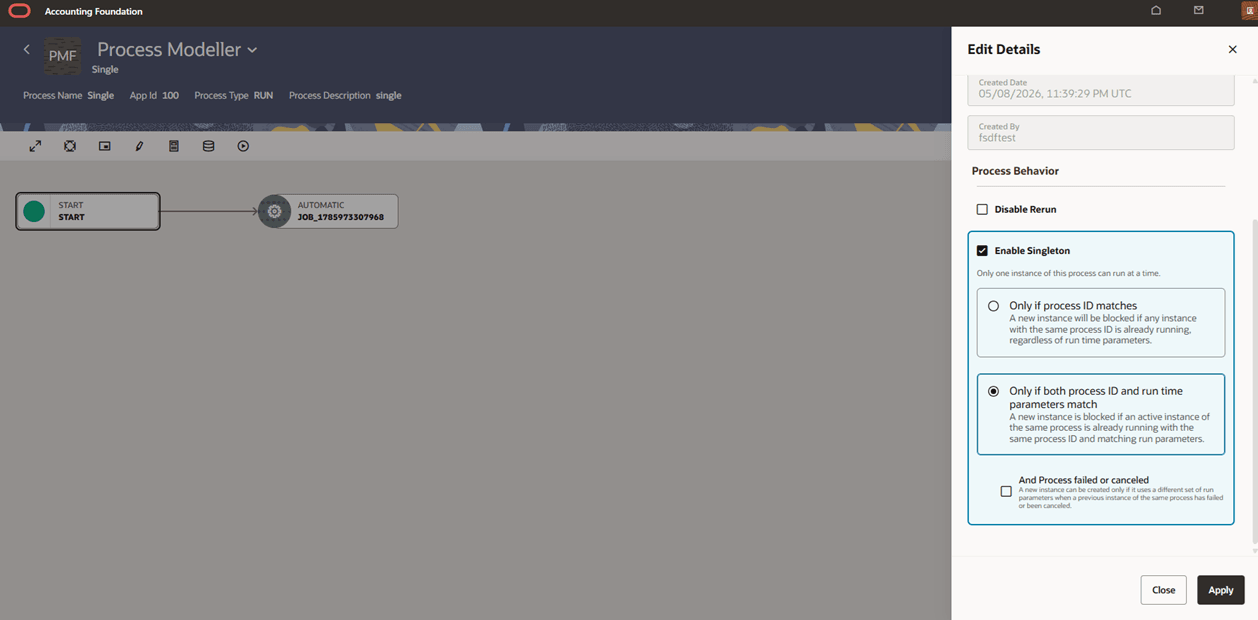 Singleton Only if both Process ID and Run parameters match