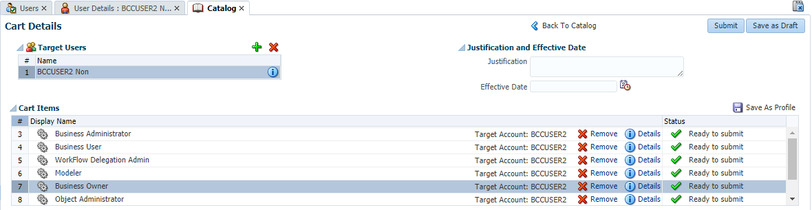 This image displays the Catalog- Cart Details window.