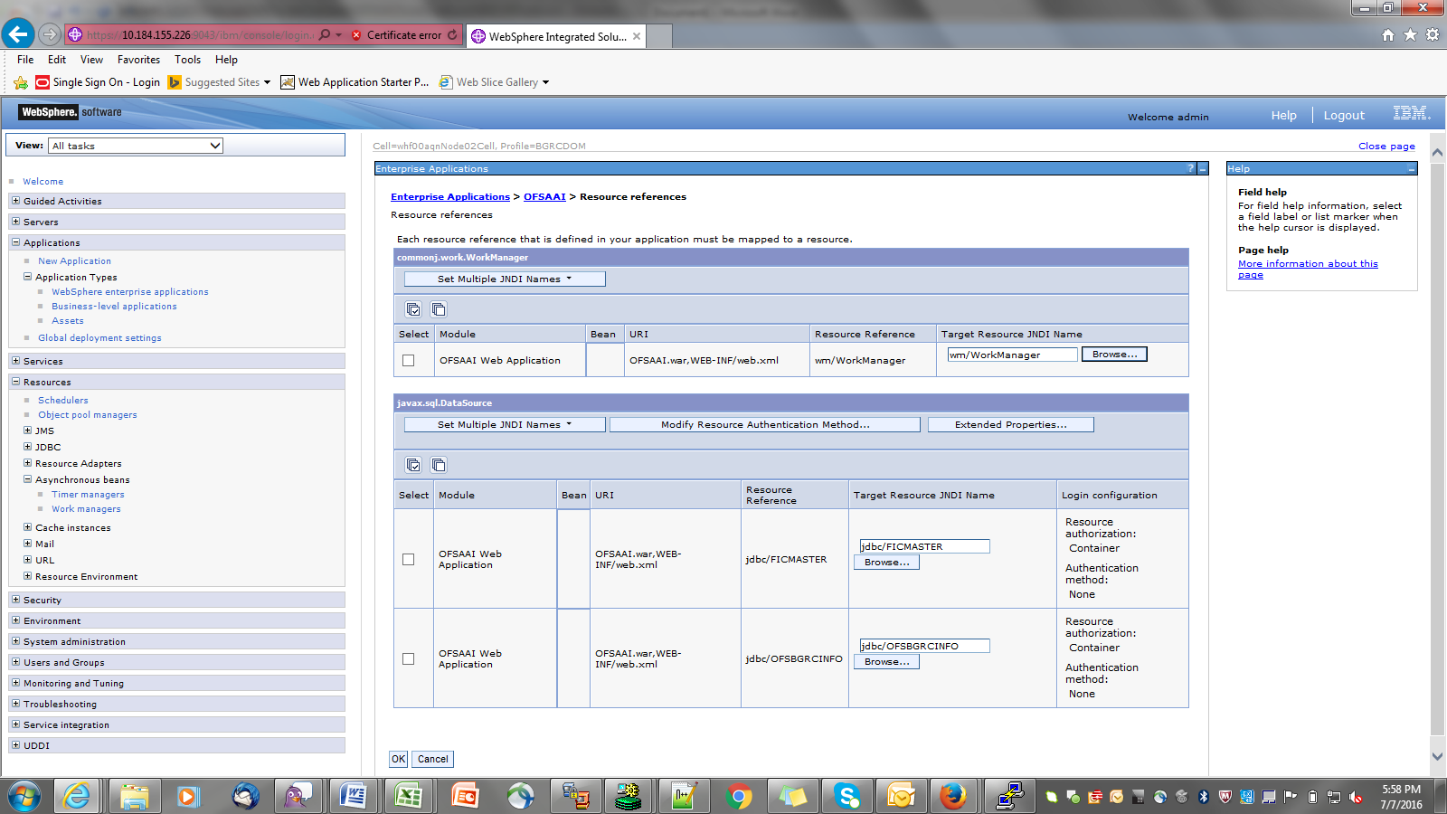 This image displays the Enterprise Applications page for Resource reference configuration.