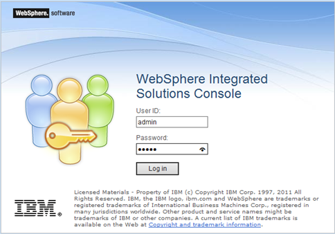 This image displays the IBM WebSphere Integrated Solutions Console window.