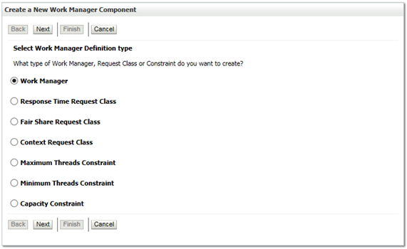 This image displays the New Work Manager Component window.