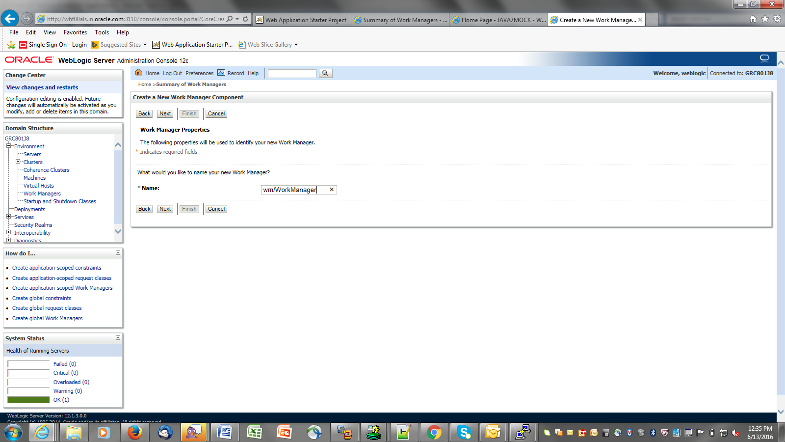 This image displays the New Work Manager Component window.