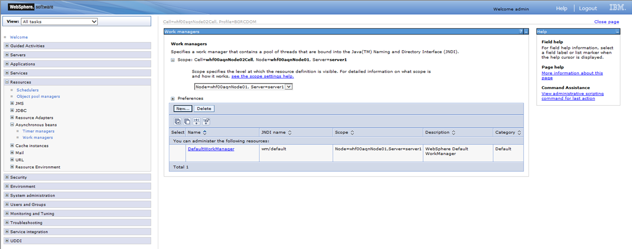 This image displays the WebSphere Homepage Work Managers option.