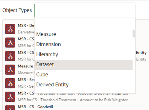 This illustration displays the process to select the required object type from the Object Type field, which results in the display of all the available Objects for the selected Object Types in the left pane that follows the Object Type field.