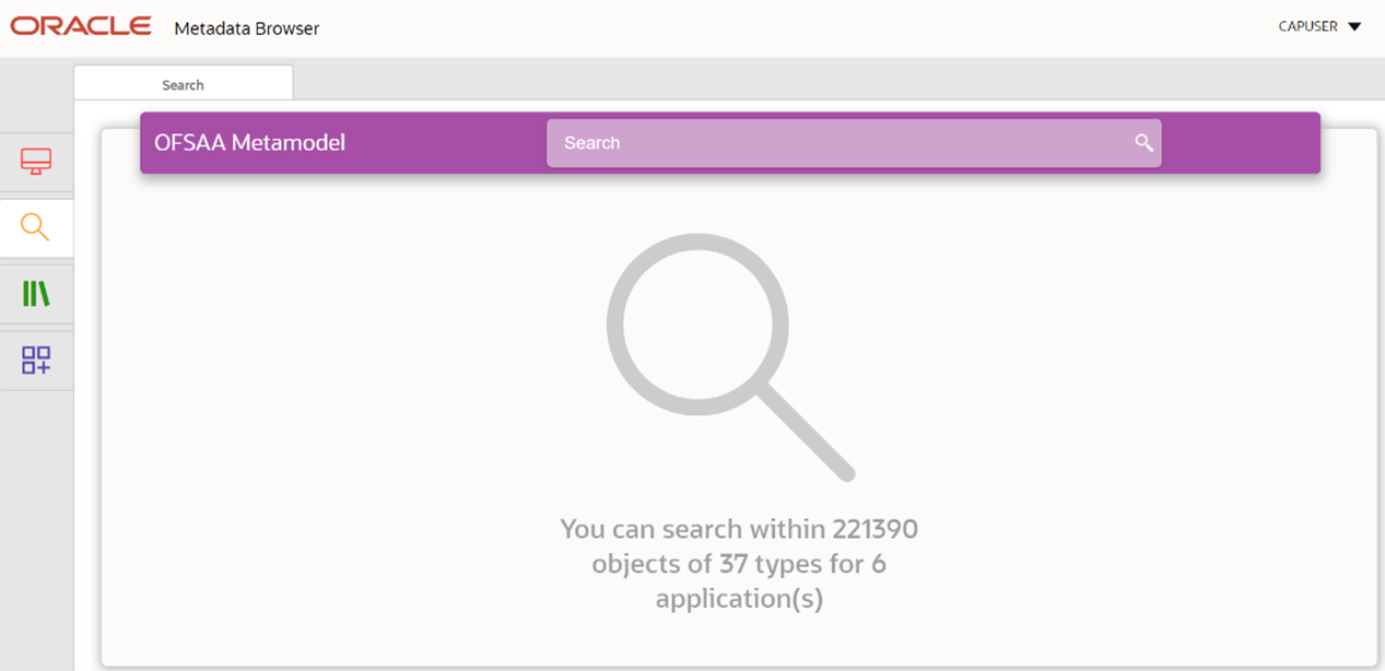 This illustration displays the Metadata Search Window. You can enter words to search for metadata objects and use the autocomplete feature to speed up the search.