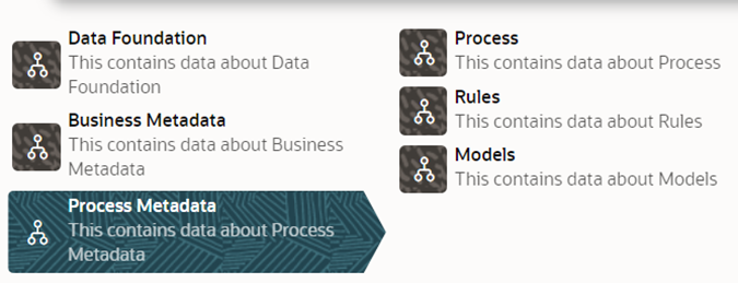 This illustration displays the Process Metadata List when selected. The child objects display in a drill down view.