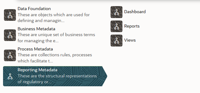 This illustration displays the Report Metadata List when selected. The child objects display in a drill down view.
