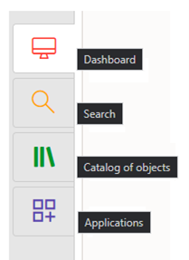 This illustration displays the Metadata Browser tabs that appear on the user-interface. Select the required tab from the options Dashboard, Search, Catalog of Objects, and Applications.