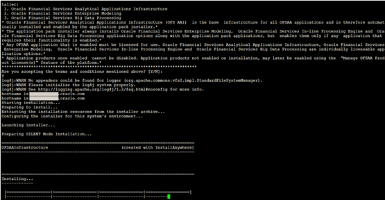 This illustration displays the OFS AAAI Silent Mode Installation to install the AAI application. Data Model Upload may take several hours to complete. You can check the installation logs in the following location: OFS_AAAI/OFS_AAAI/