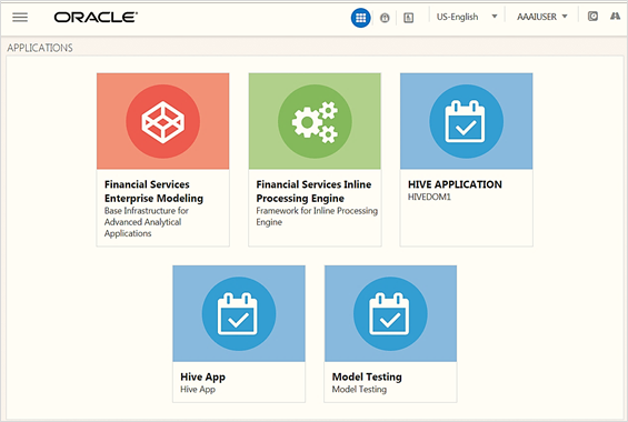 OFSAA Landing screen shows the available Applications as tiles, for which a user has access to. Clicking the respective Application tile launches that particular Application. You can change the landing page based on your preference.