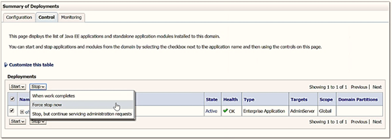 From the Navigation Tree for Domain Structure, select Deployments to display the Summary of Deployments window. Select the check box adjacent to the application that you want to uninstall, click Stop, and then select Force Stop Now.