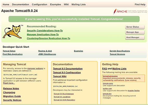 This illustration displays the Tomcat Home window. Click Manager App to display the Connect to dialog box. Enter the User ID and Password with admin rights and click OK. The Tomcat Web Application Manager window is displayed with the list of all the applications deployed. (For user creation in Tomcat, see Tomcat User Administration.)