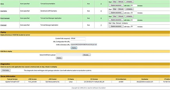 This illustration displays the Tomcat Web Application Manager window. In the Deploy section, enter the Context Path provided during the installation as "/context- name".