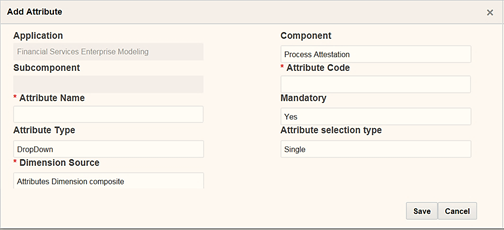 This illustration shows the Add Attribute window. To add the attribute, you need to specify the fields in this window and save the attributes. The description of the fields are provided in the table in this topic.