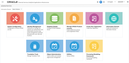 This illustration shows the Administration window. The administration options are available as tiles based on the selected Information Domain. You can select the administration option from the listed tiles.