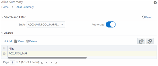 This illustration shows the Alias Summary window. You can also add a new Alias, view the Alias details and delete an existing Alias. The window has the Search and Filter and Aliases panes. In the Search and Filter pane, you can specify the details of the alias to search. In the Aliases pane, the search results are displayed, you can also Add, View, and Delete the Alias.