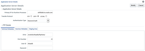 This illustration shows the Application Server Details window, which displays the pre-configured application server details. The window has the Application Server Details and FTP Details pane. In the Application Server Details, you can specify the Primary IP For Runtime Process, Transfer Protocol, and Authentication Type. In the FTP Details pane, you can specify the details in the Technical Metadata, Business Metadata, and Staging Area tabs.