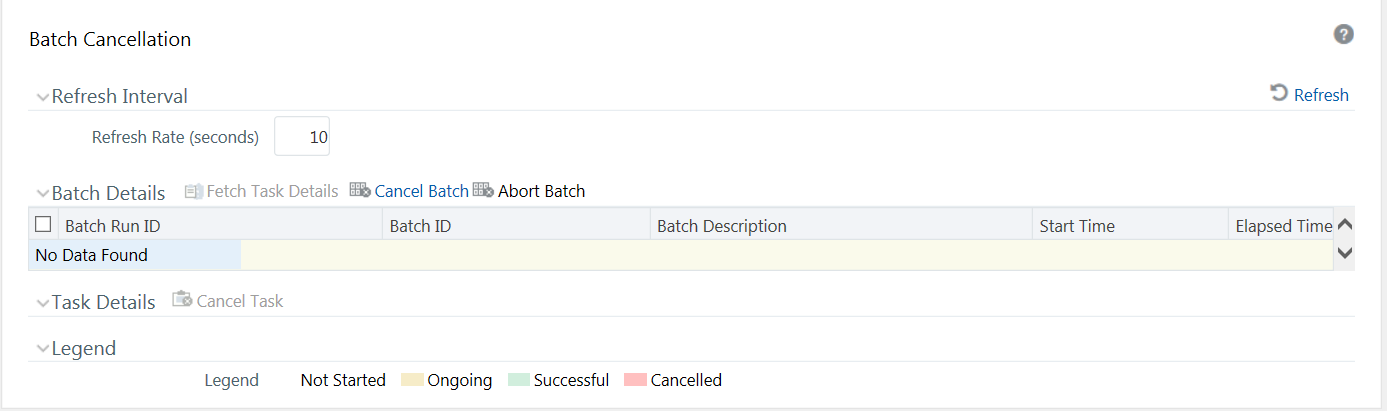 This illustration shows the Batch Cancellation window. The cancelled batch details are displayed in this window.