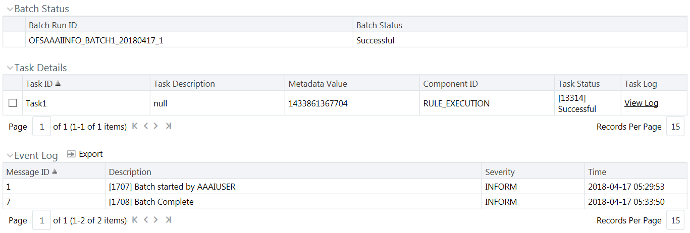 This illustration shows the Batch Status pane, which displays the Batch Run ID with the Batch Status as Successful, Failed, Held, or Not Started.