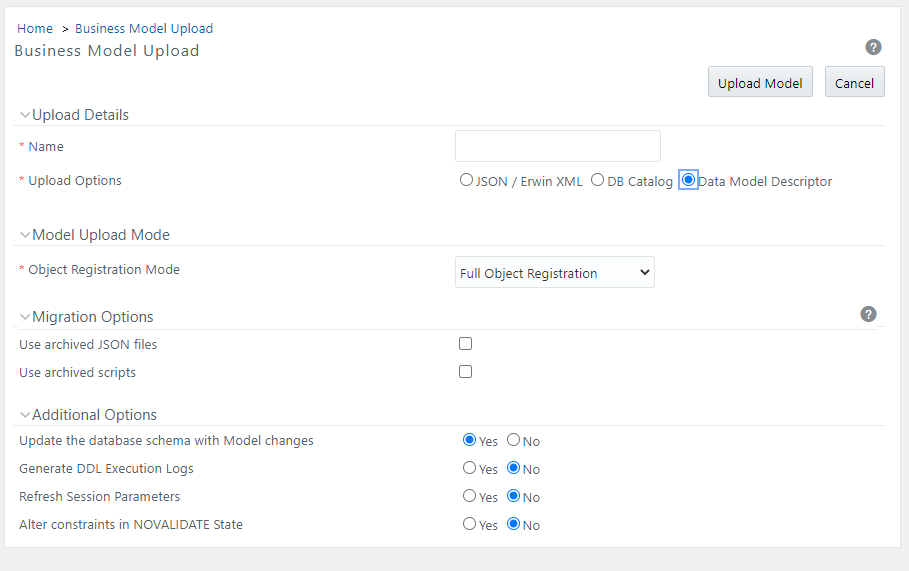 This image displays the Business Model Upload window for Data Model Descriptor.