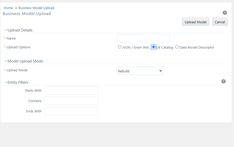 This image displays the Business Model Upload window for DB Catalog.