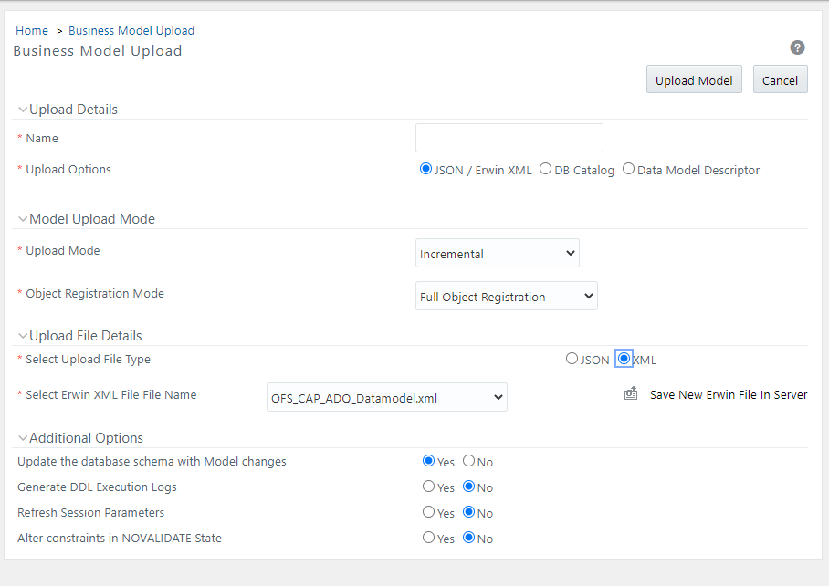 This image displays the Business Model Upload window for JSON / erwin XML.