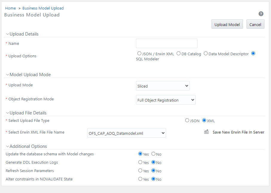 This image displays the Business Model Upload window for SQL Modeler.