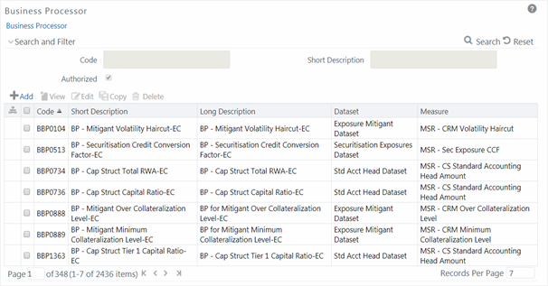 This illustration shows the Business Processor window, which displays the list of pre-defined Business Processors with their Code, Short Description, Long Description, Dataset, and Measure. The window has the Search and Filter pane. You can specify the business processor details in this pane and search. The search results are displayed in this pane, you can also Add, View, Edit, Copy, and Delete the business processor from this pane.