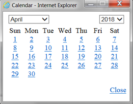 This illustration shows the Calendar window. You can select the date in the DD/MM/YYYY format by selecting from the pop-up calendar.