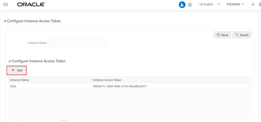 This illustration shows the Configure Instance Access Token page. To configure the Instance Access Token, you can click the Add icon.