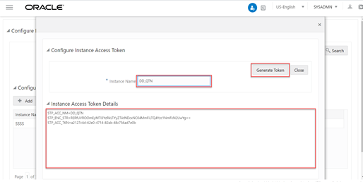 This illustration shows the Configure Instance Access Token page. To configure the Instance Access Token, you can click the Add icon and specify the details.