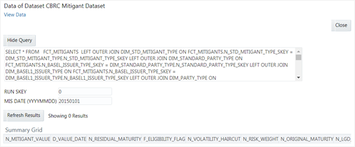 This illustration shows the Data of Dataset CBRC Mitigant Dataset window, which displays an error message if the Query execution fails. Up to 400 records of data is displayed in the Summary Grid pane.