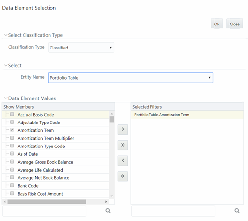 This illustration shows the Data Element Selection window. The window has panes such as, Select Classification Type, Select, and Data Element Values. To add the data element, you need to specify the fields in these panes.