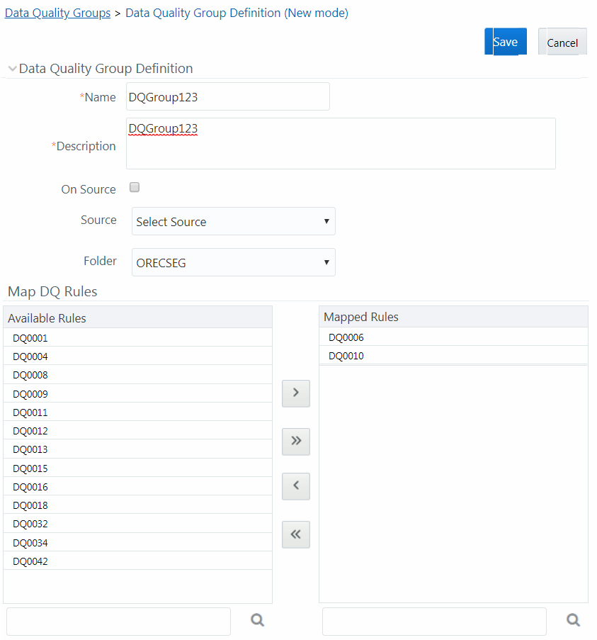 This image displays the Data Quality Group Definition (New mode).