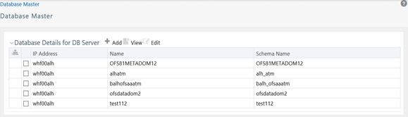 This illustration shows the Database Master window, which displays the list databases defined for the database server. It also allows you to Add, View, and Edit the database.