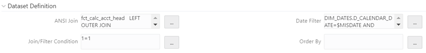 This illustration shows the Dataset Definition pane. You need to select the dataset definition by specifying the ANSI Join, and Join/Filter Condition, Data Filter, and Order By fields.