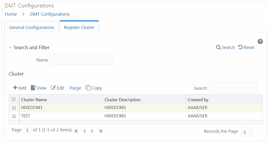 This image displays the DMT Configurations window – Register Cluster.