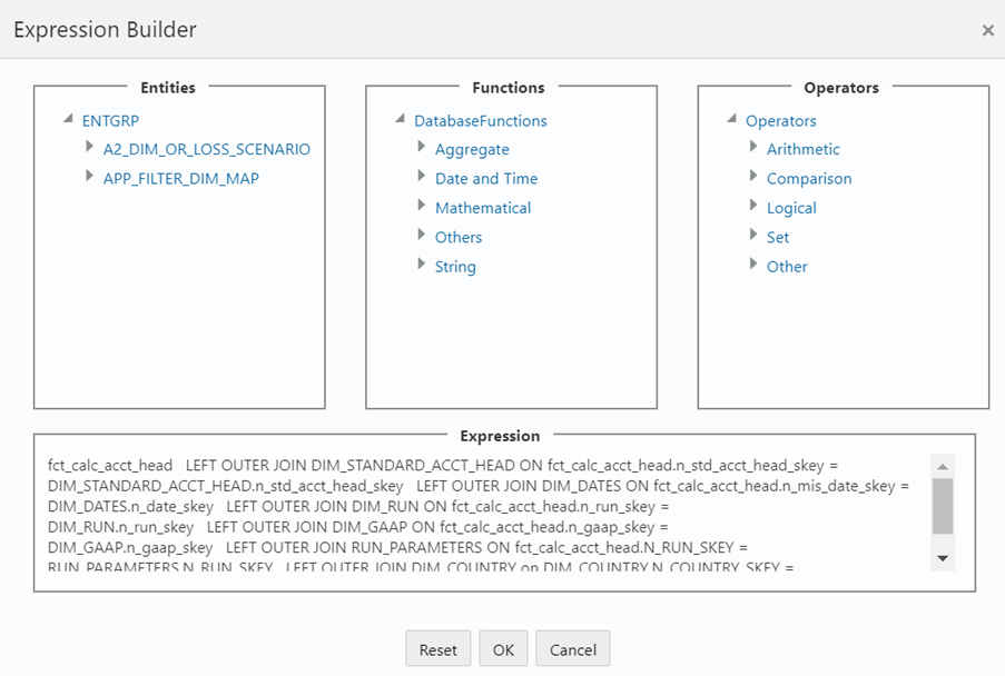 This illustration shows the Expression Builder window. The window displays the Entities, Functions, Operators, and Expression. You can select the required values and click OK to build the expression.