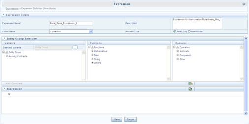 This illustration shows the Expression Summary New window. The window has panes such as, Expression Details, Entity Group Selection, and Expression pane. To add an expression, you need to specify the fields in these panes. The description of the fields are provided in the table in this topic.