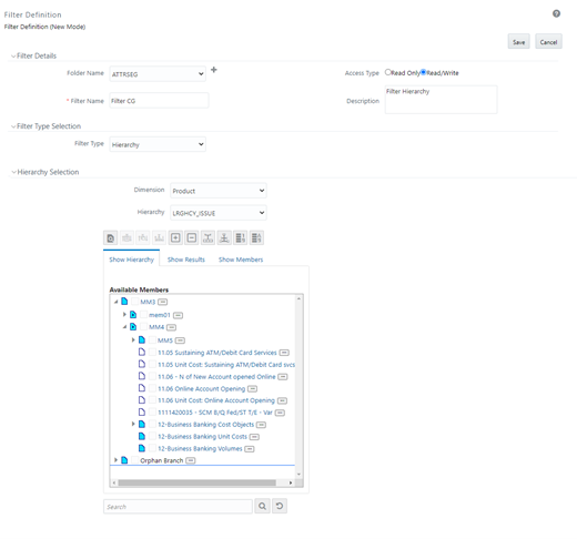 This illustration shows the Filter Definition New window. The window has panes such as, Filter Details, Filter Type Selection, and Hierarchy Selection. To add the filter, you need to specify the fields in these panes. The description of the fields is provided in the table in the topic.