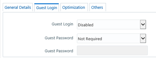 This illustration shows the Guest Login tab, which enables the Administrators to configure the Guest Users to login to the Infrastructure system by configuring the Guest Login Details. You can configure the following fields, Guest Login, Guest Password, and Guest Password.