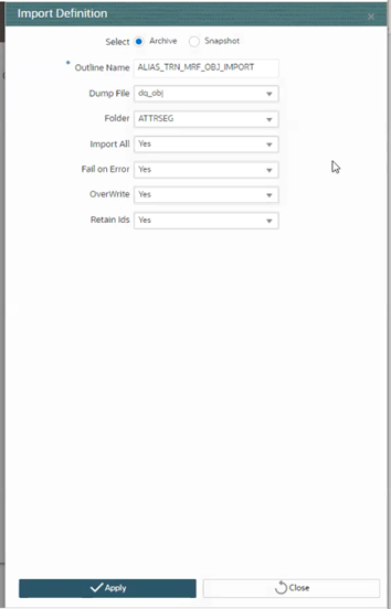 This illustration shows the Import Objects window. To import the object, you can specify the details in this window. The detailed steps to export is provided in the following.