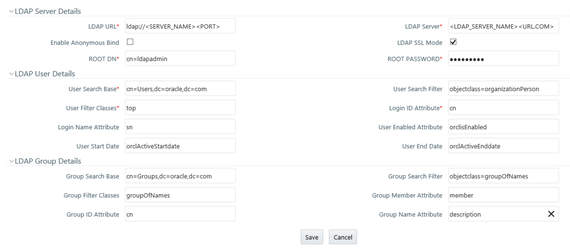 This illustration shows the LDAP Server Details window, which displays the details such as ROOT Context, ROOT DN, LDAP URL, LDAP SSL Mode, and LDAP Server name. The window has the following panes, LDAP Server Details, LDAP User Details, LDAP Group Details. You need to specify the required details in these panes when configuring the LDAP Servers,