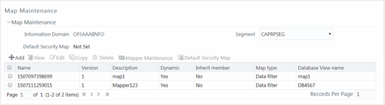 This illustration shows the Map Maintenance window, which displays the Name, Version, Description, Dynamic, Inherit Member, Map Type, and Database View name for the available mapper definitions created in the selected Segment and Infodom. The window has the Map Maintenance pane, you can specify the details of the map in this pane.