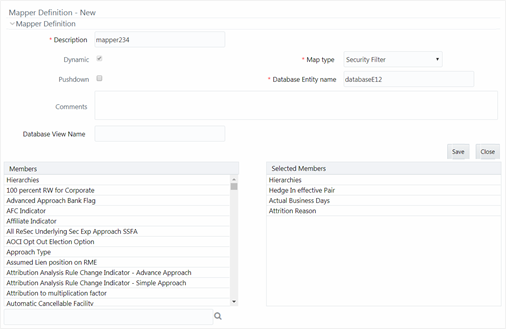 This illustration shows the Mapper Definition New window. The window has the Member Definition pane. To add the Mapper Definition, you need to specify the fields in this pane. The description of the fields are provided in the table in this topic.