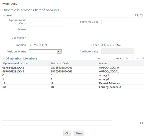 This illustration shows the Member Browser Properties window. The window has the Search and Dimension Members pane. In the Search pane, you can specify the details of the dimension and search. In the Dimension Members pane, the search results are displayed.