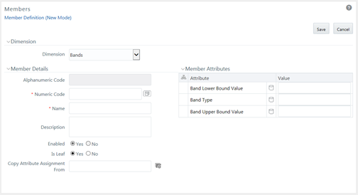 This illustration shows the Members window, the window has the Dimension and Member Details pane. To add the member, specify the fields in these panes and save the details. The fields are describes in the table in this topic.