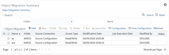 This illustration shows the Object Migration Summary window, which displays the list of pre-defined object Definitions with their Migration Code and Dump Name. By clicking the Column header names, you can sort the column names in ascending or descending order. The window has the Search and Filter and Summary pane. In the Search and Filter pane, you can specify the details of the migration and search. In the Summary pane, the search results are displayed, you can also Add, View, Edit, Copy, Delete, and Export the definition.