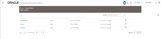 The Object Migration Export Summary window displays the list of pre-defined Export Definitions with their Outline Id and Dump Name. By clicking the Column header names, you can sort the column names in ascending or descending order. You can add, view, edit, copy, export, delete, and generate snapshot for the Export Definition.