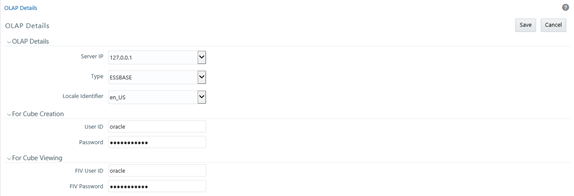 This illustration shows the OLAP Details Add window. Click the Add icon and in the OLAP Details pane, specify the Server IP, Type, and Local Identifier to add OLAP Details.